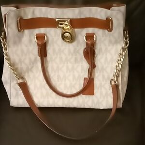 Michael Kors Cream and Tan Tote Bag with Gold Accents